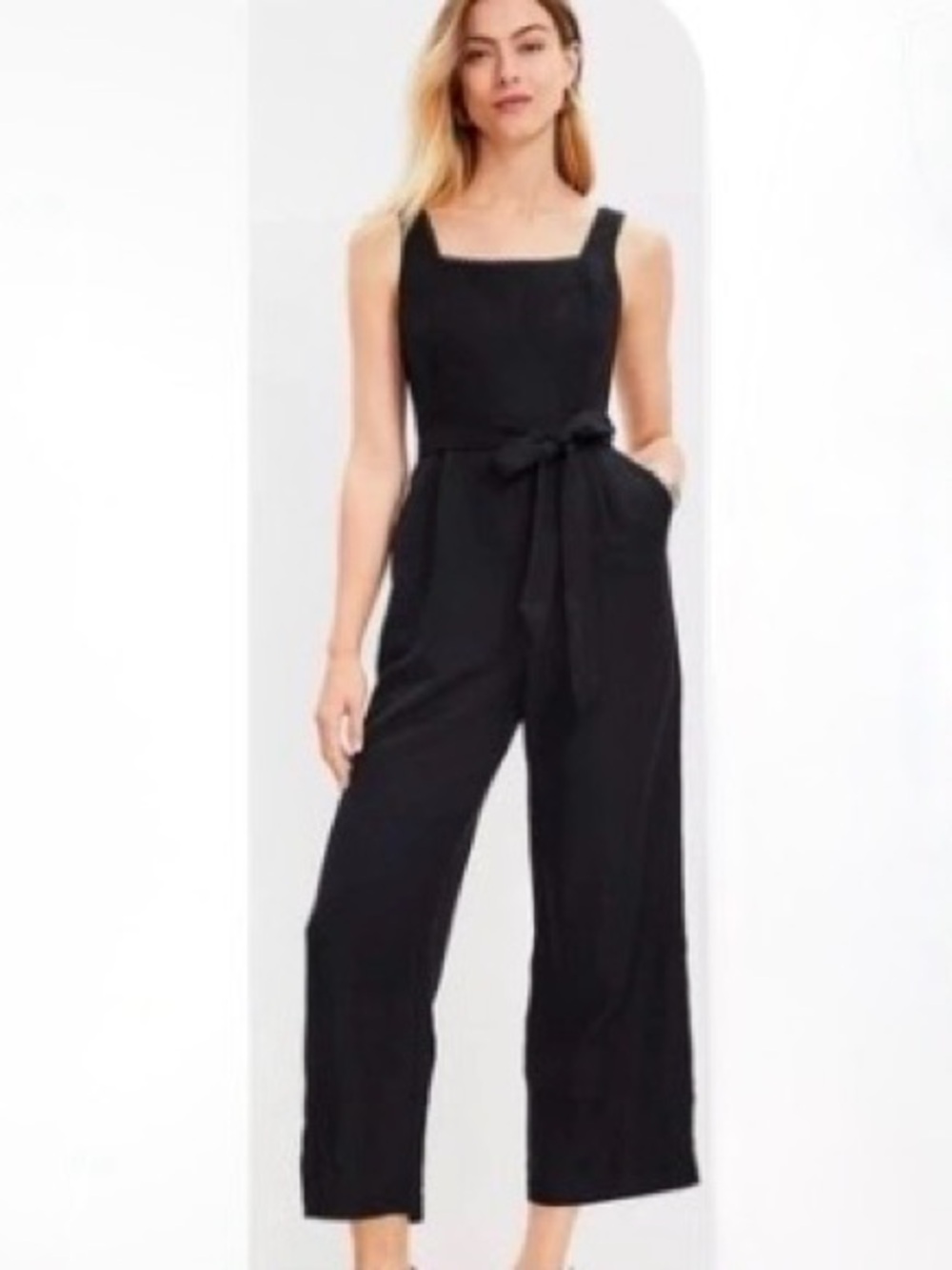 LOFT Wide-Leg Scalloped Neckline Black Belted Jumpsuit